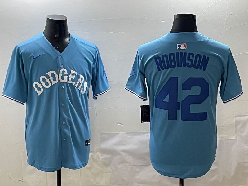 Men Los Angeles Dodgers 42 Robinson Light Blue Joint Name 2025 Nike MLB Jersey style 1